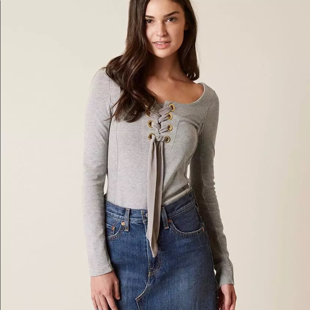 Free People Looking Back Lace Up Top Womens S Gray Long Sleeve Shirt